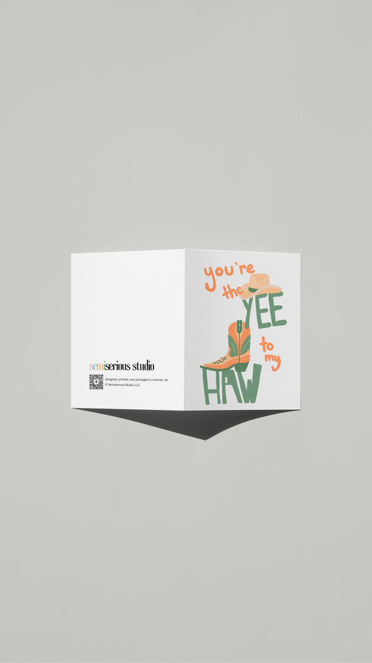 Yee to My Haw Cowboy card standing open, showing the front artwork and the Semiserious Studio logo on the back