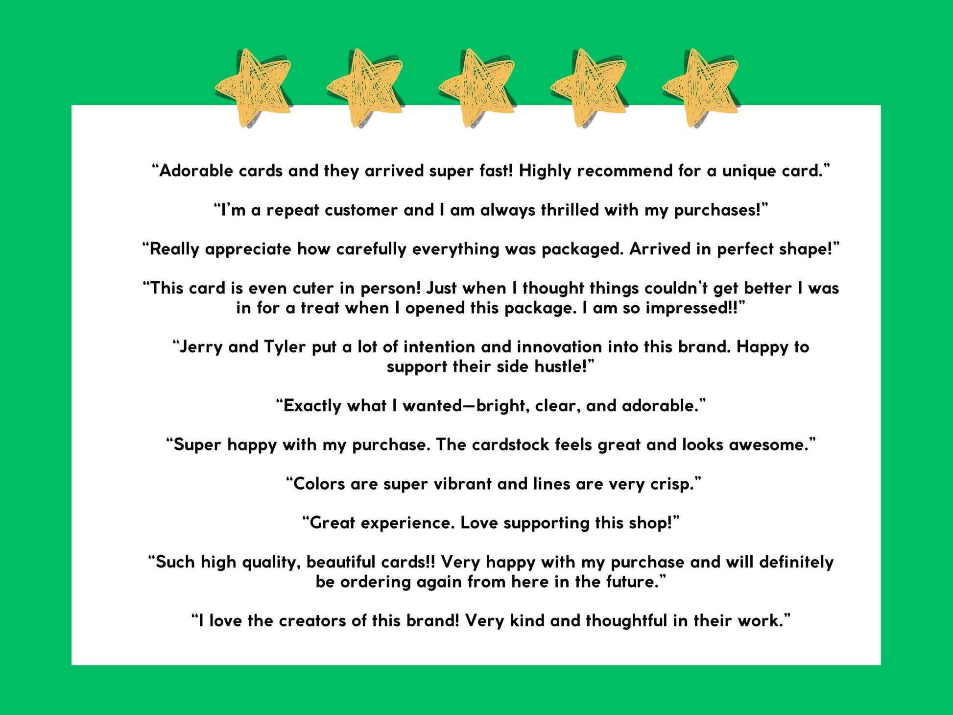 Five-star customer reviews for Semiserious Studio greeting cards