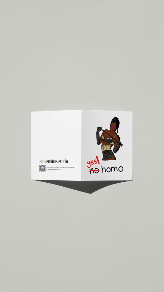 YES Homo Pride card standing open, showing the front artwork and the Semiserious Studio logo on the back