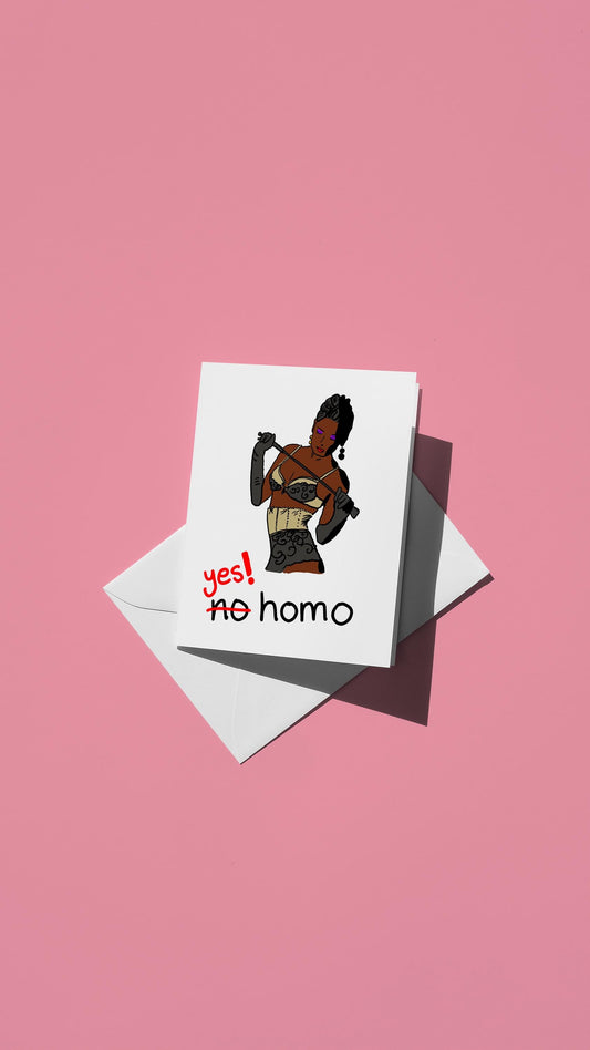 Hand-drawn illustration of a woman with a riding crop with the message "yes! homo"