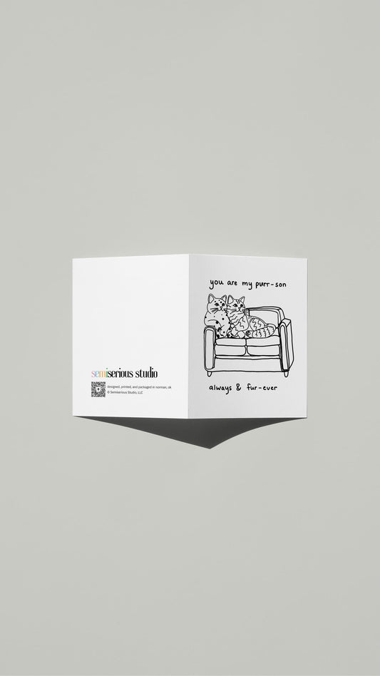 You Are My Purr-son Valentine card standing open, showing the front artwork and the Semiserious Studio logo on the back