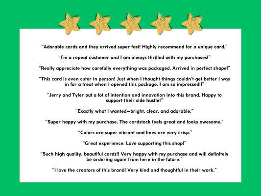 Five-star customer reviews for Semiserious Studio greeting cards
