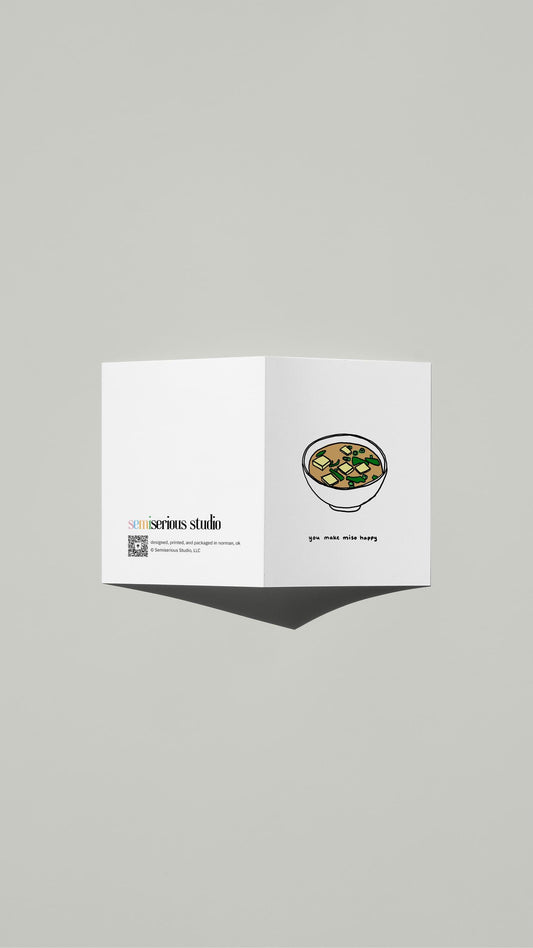 You Make Miso Happy Valentine card standing open, showing the front artwork and the Semiserious Studio logo on the back