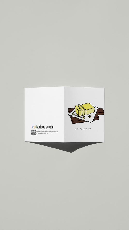 You're My Butter Half Valentine card standing open, showing the front artwork and the Semiserious Studio logo on the back