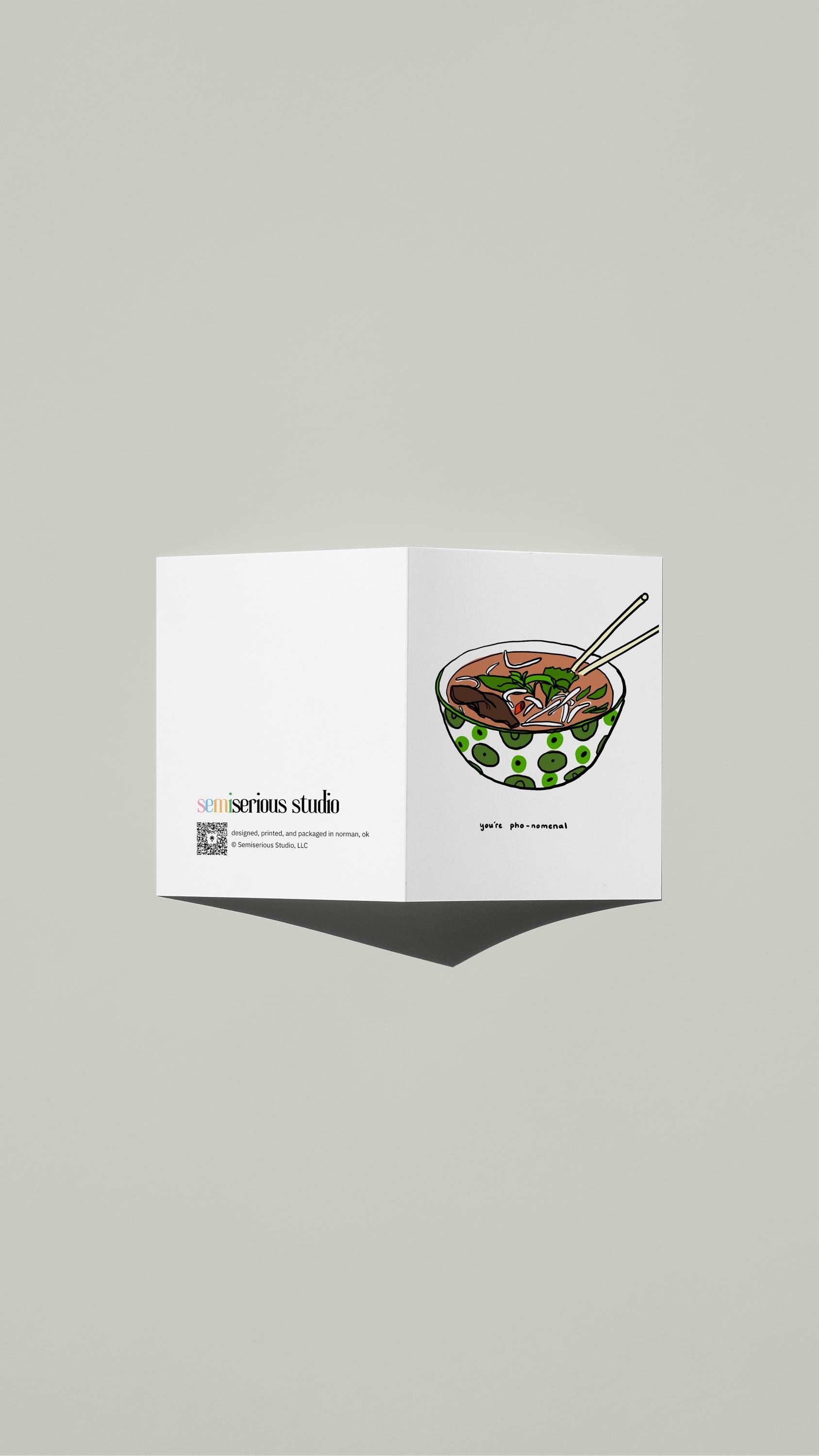 You're Pho-nomenal Valentine card standing open, showing the front artwork and the Semiserious Studio logo on the back